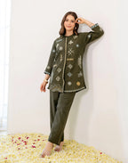 Forest Olive Green Mandarin Collar Embroidered Straight Ethnic Co-ord Set