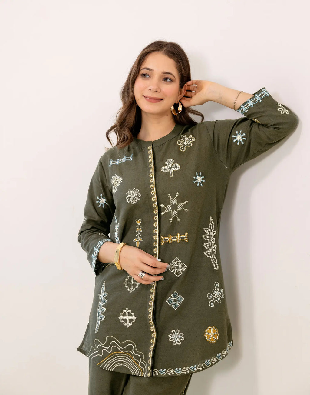 Forest Olive Green Mandarin Collar Embroidered Straight Ethnic Co-ord Set