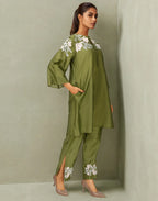 Skylee Silk Embroidered Key Hole Neck Co-ord Set For Woman