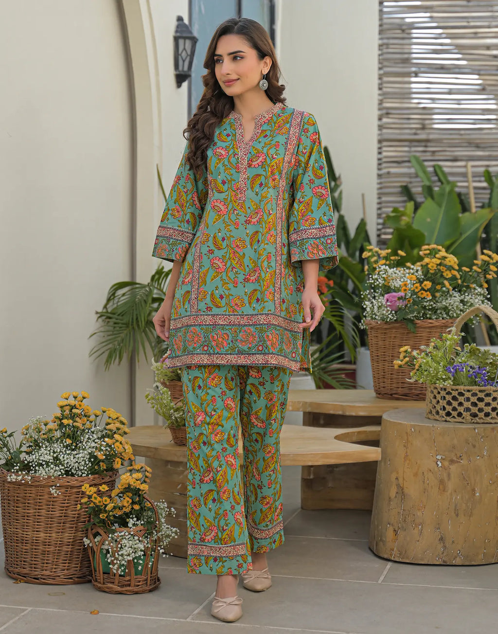Skylee Cotton Printed Mandarin Collar Co-ord Set For Woman