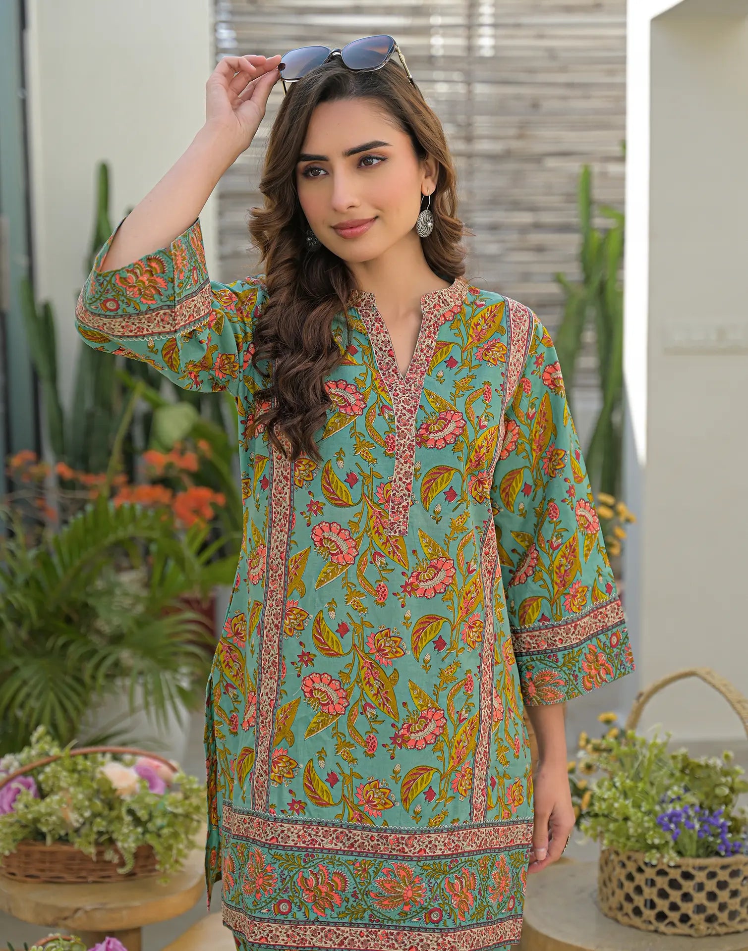 Skylee Cotton Printed Mandarin Collar Co-ord Set For Woman