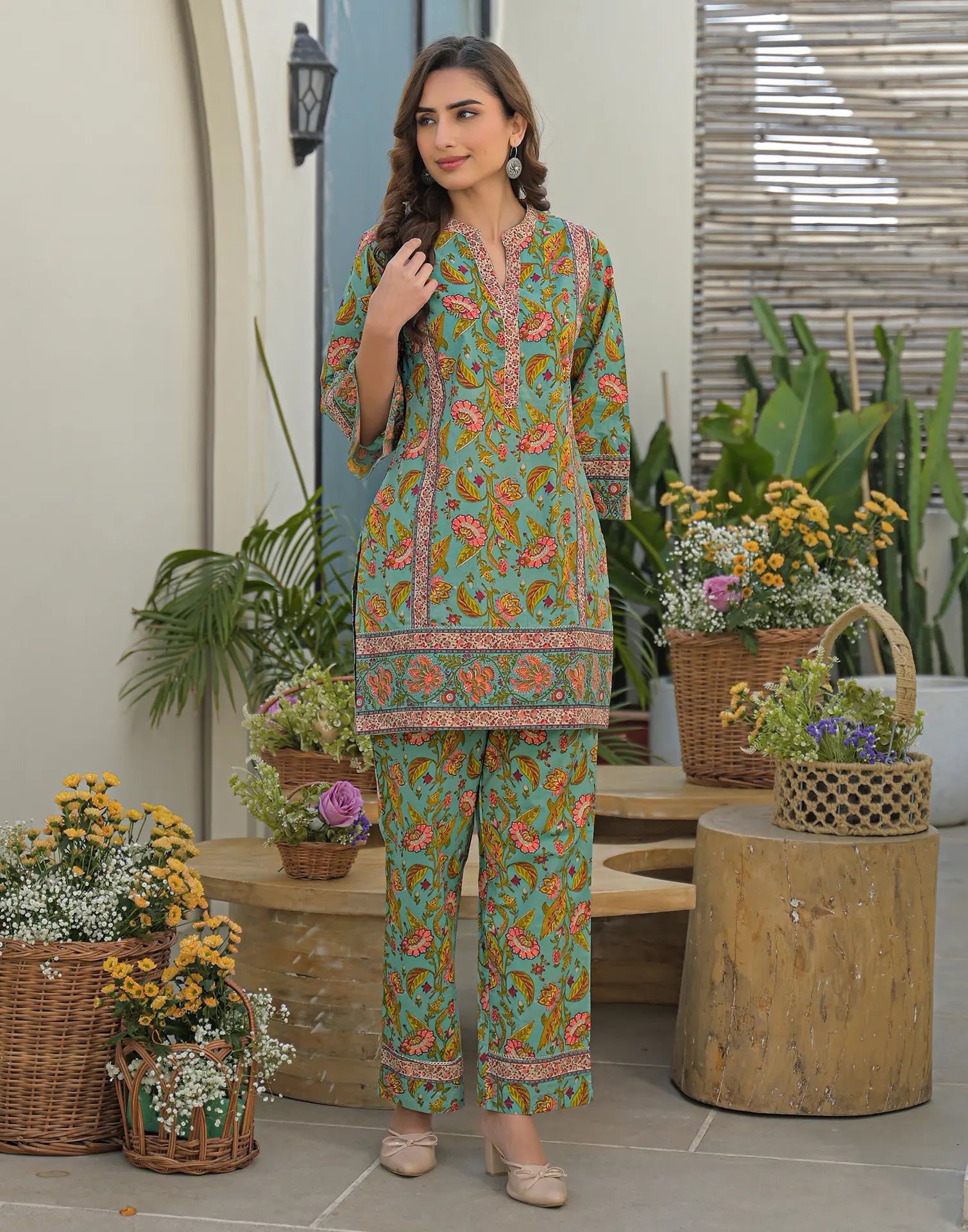 Skylee Cotton Printed Mandarin Collar Co-ord Set For Woman