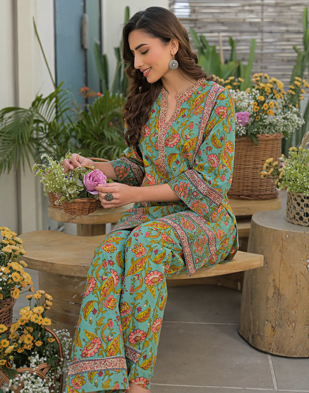 Skylee Cotton Printed Mandarin Collar Co-ord Set For Woman