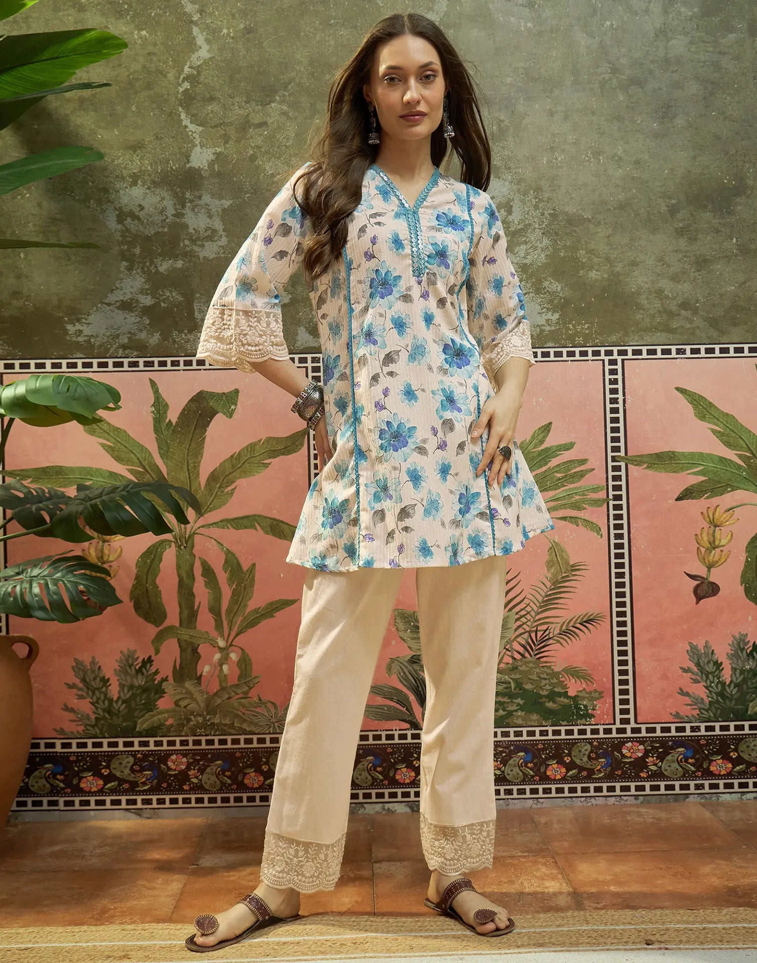 Cosmic Latte Beige Notched V-Neck Embroidered Digital Printed A-Line Ethnic Co-ord Set