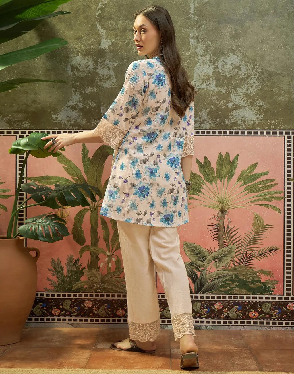 Cosmic Latte Beige Notched V-Neck Embroidered Digital Printed A-Line Ethnic Co-ord Set