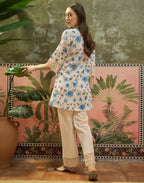 Cosmic Latte Beige Notched V-Neck Embroidered Digital Printed A-Line Ethnic Co-ord Set
