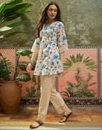 Cosmic Latte Beige Notched V-Neck Embroidered Digital Printed A-Line Ethnic Co-ord Set