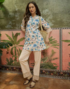 Cosmic Latte Beige Notched V-Neck Embroidered Digital Printed A-Line Ethnic Co-ord Set