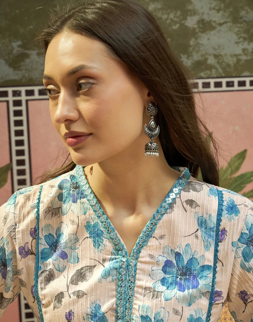 Cosmic Latte Beige Notched V-Neck Embroidered Digital Printed A-Line Ethnic Co-ord Set