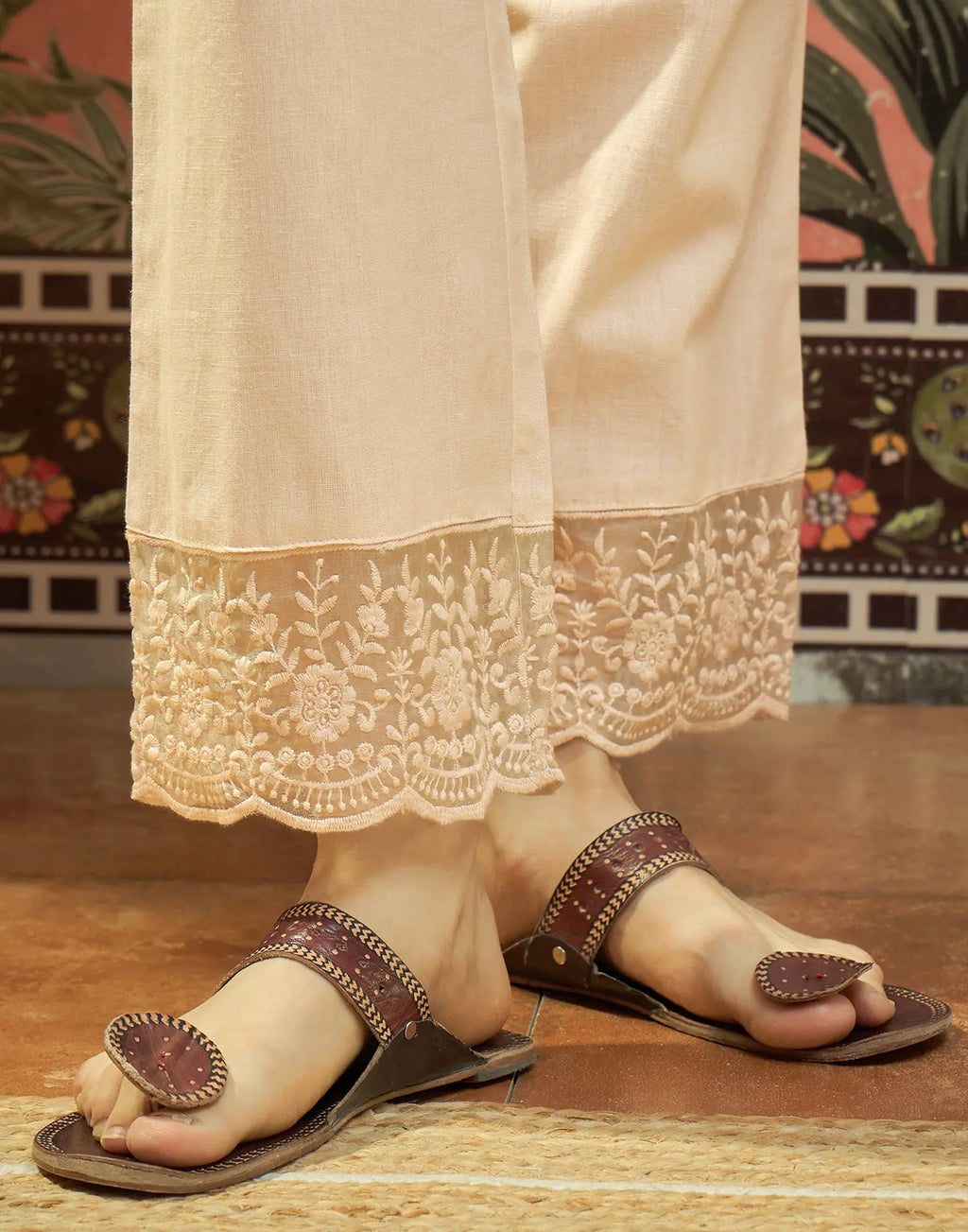 Cosmic Latte Beige Notched V-Neck Embroidered Digital Printed A-Line Ethnic Co-ord Set