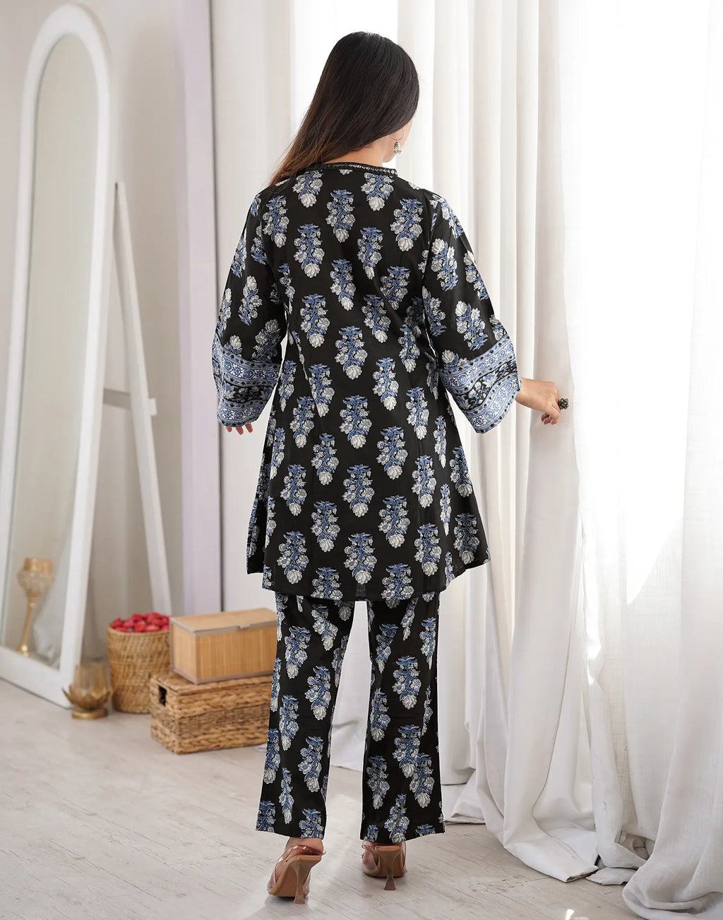 Black V-Neck Digital Printed A-Line, Palazzo Ethnic Co-ord Set