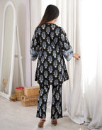Black V-Neck Digital Printed A-Line, Palazzo Ethnic Co-ord Set