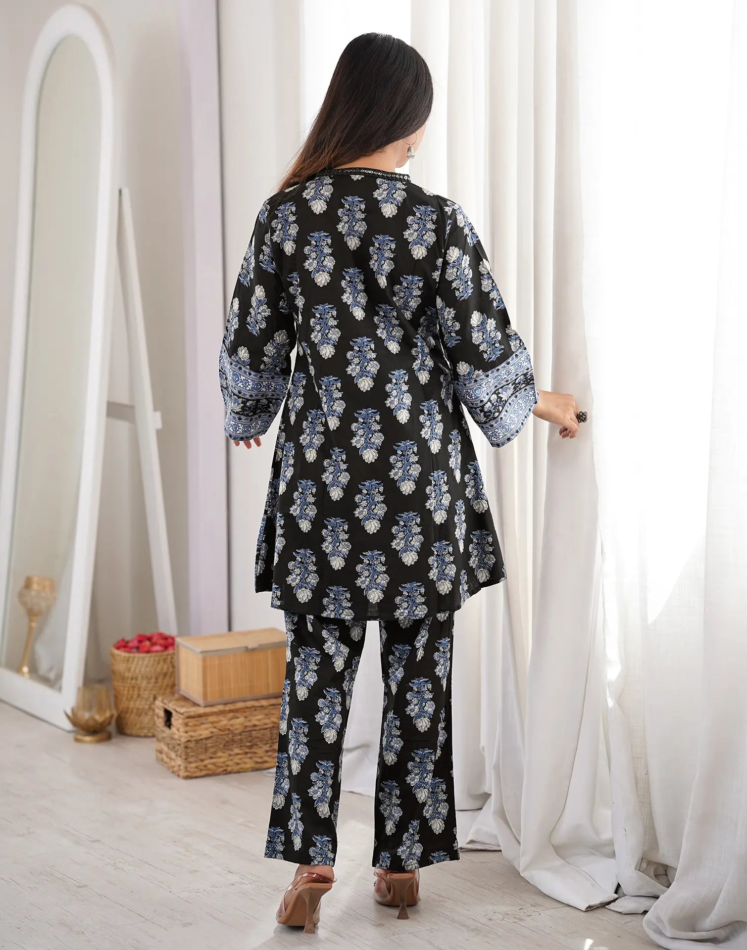Black V-Neck Digital Printed A-Line, Palazzo Ethnic Co-ord Set