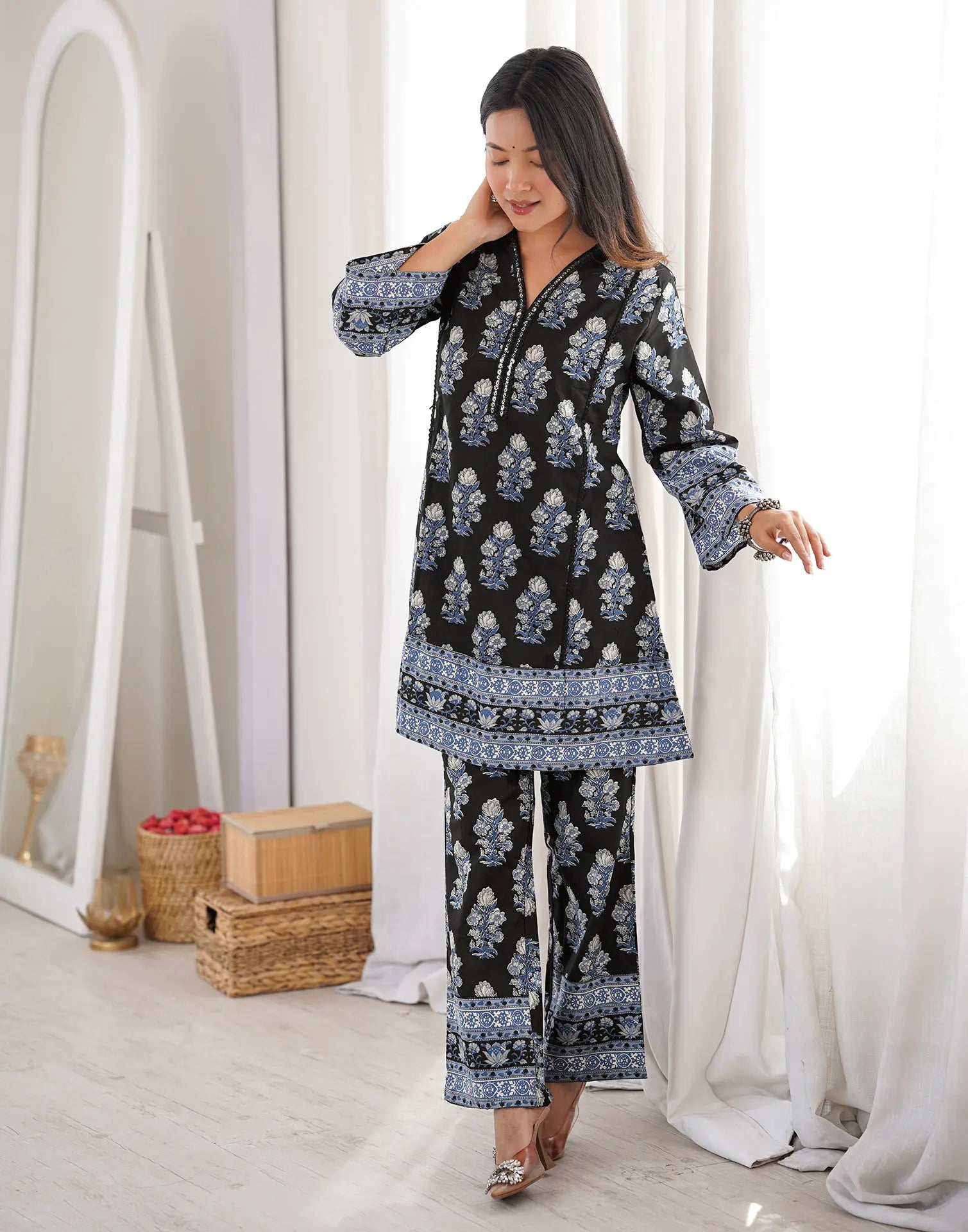 Black V-Neck Digital Printed A-Line, Palazzo Ethnic Co-ord Set