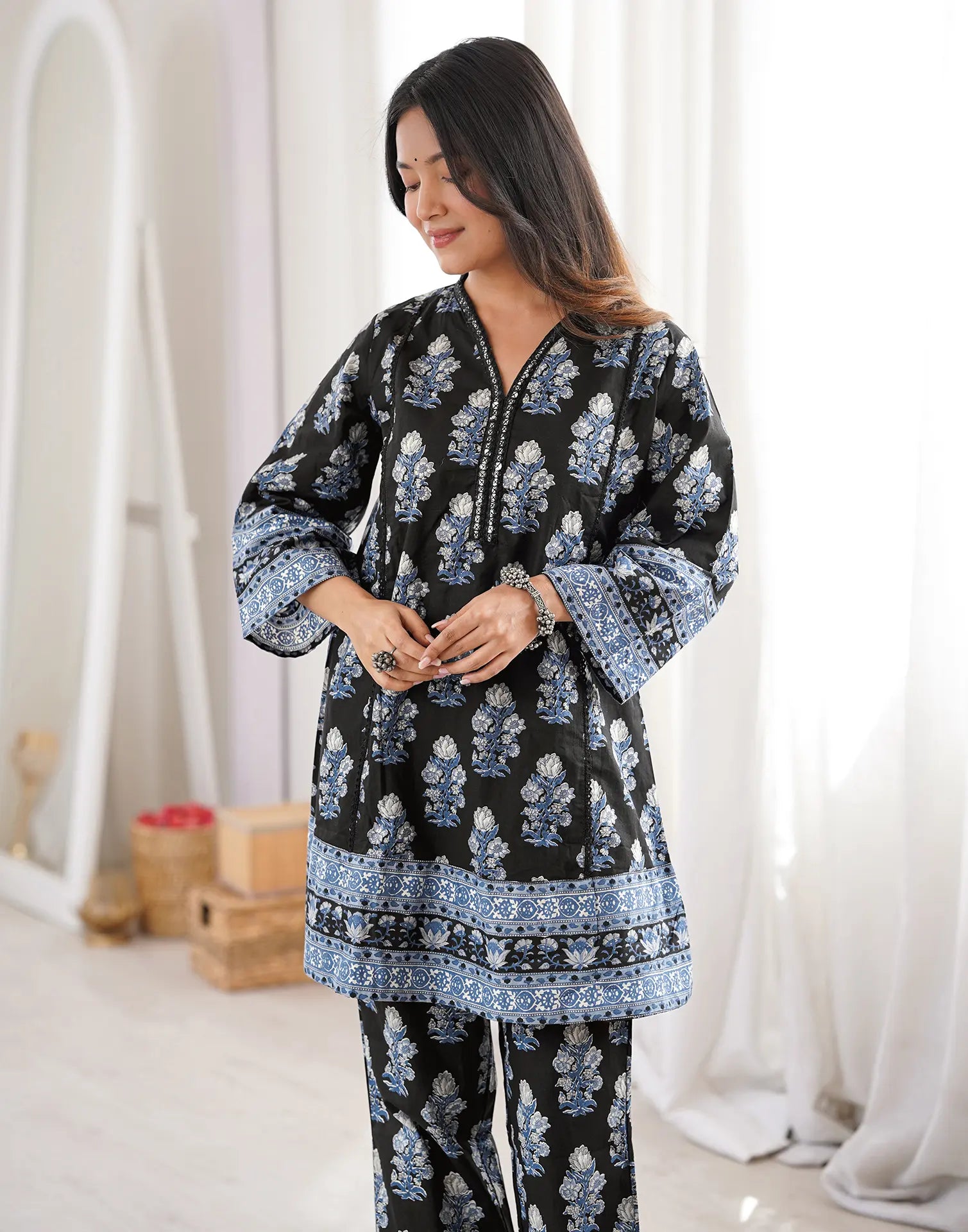Black V-Neck Digital Printed A-Line, Palazzo Ethnic Co-ord Set