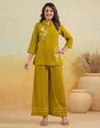 Skylee Cotton Embroidered Collar Neck Co-ord Set For Woman