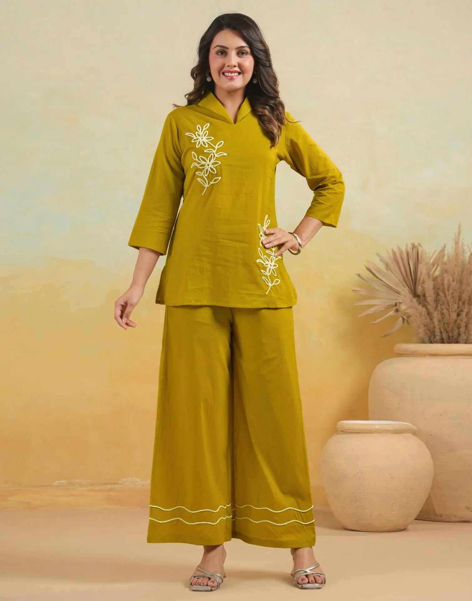 Skylee Cotton Embroidered Collar Neck Co-ord Set For Woman