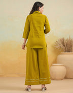 Skylee Cotton Embroidered Collar Neck Co-ord Set For Woman
