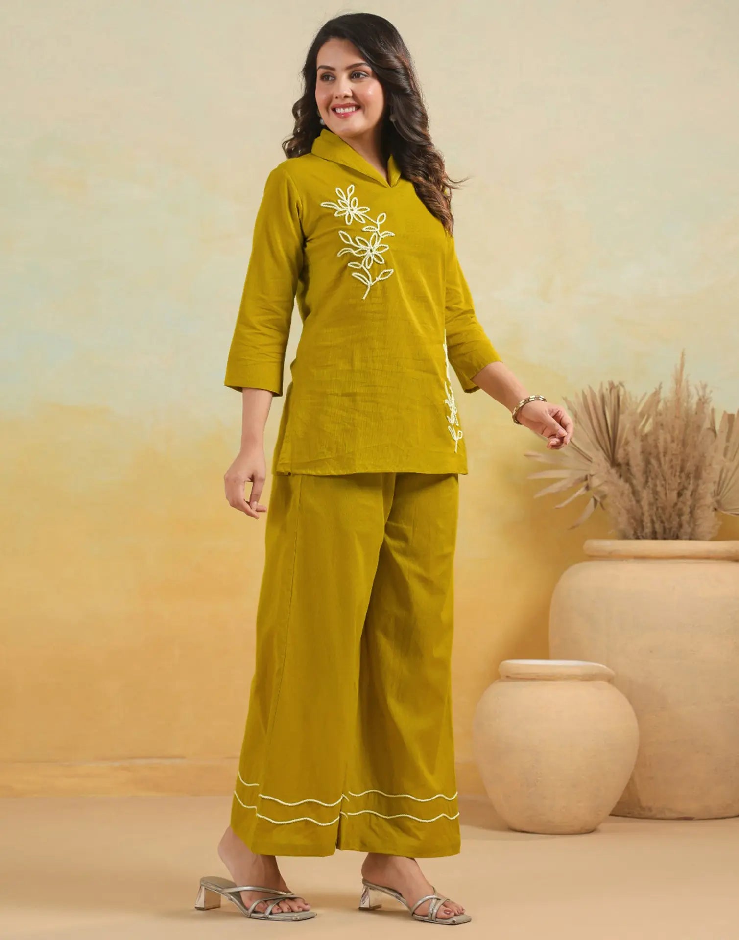 Skylee Cotton Embroidered Collar Neck Co-ord Set For Woman
