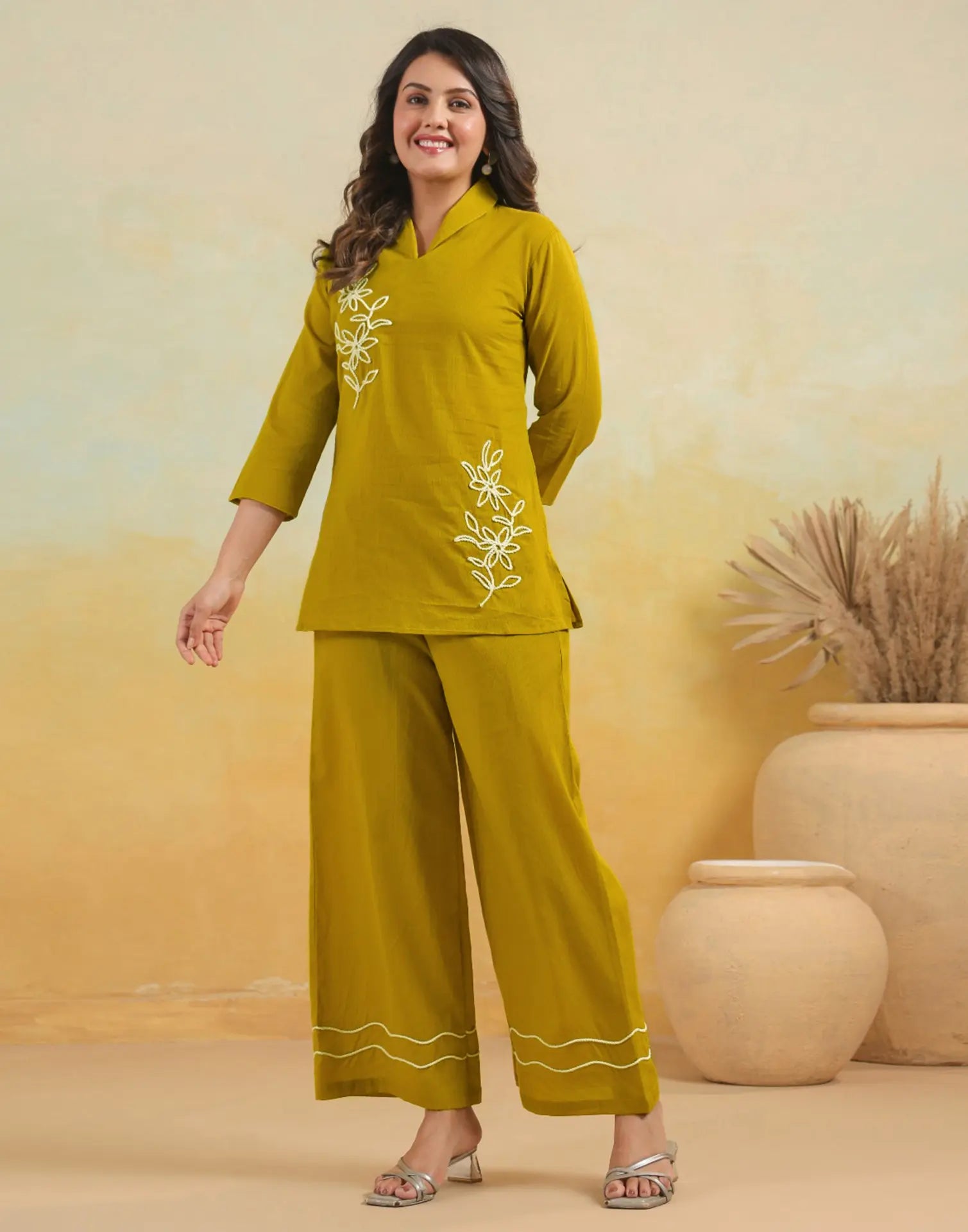 Skylee Cotton Embroidered Collar Neck Co-ord Set For Woman