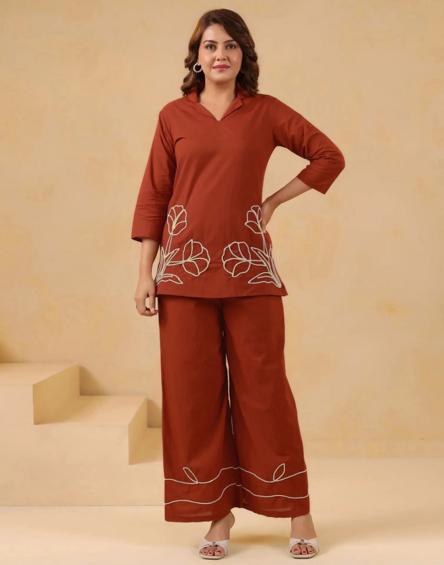 Skylee Cotton Embroidered Lapel Neck Co-ord Set For Woman
