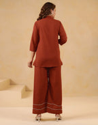 Skylee Cotton Embroidered Lapel Neck Co-ord Set For Woman