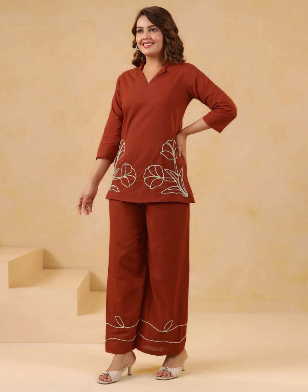 Skylee Cotton Embroidered Lapel Neck Co-ord Set For Woman