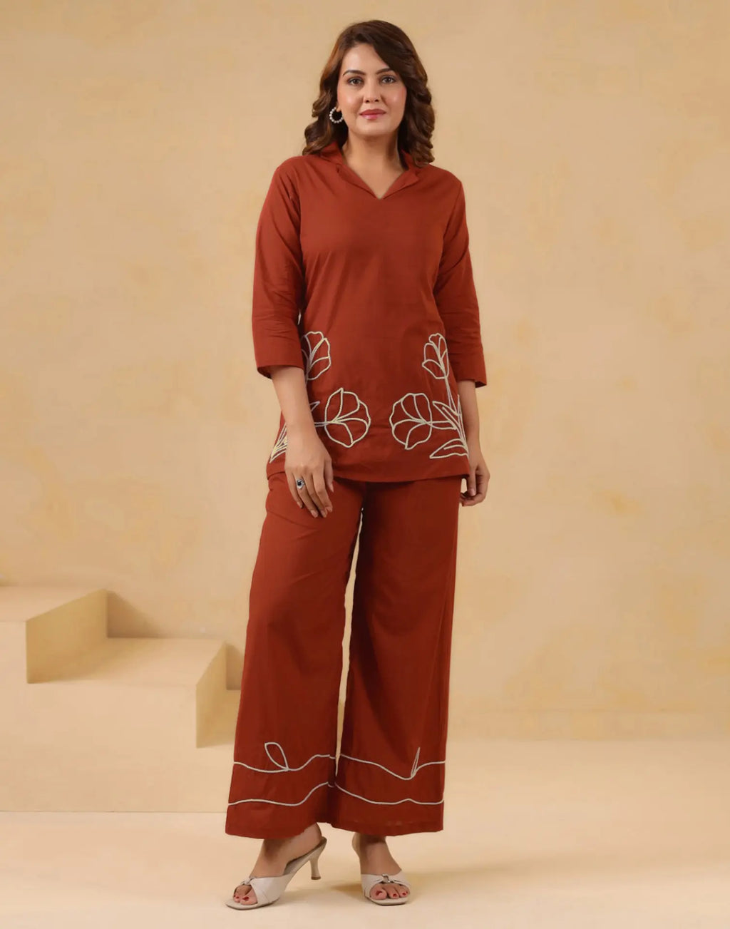 Skylee Cotton Embroidered Lapel Neck Co-ord Set For Woman