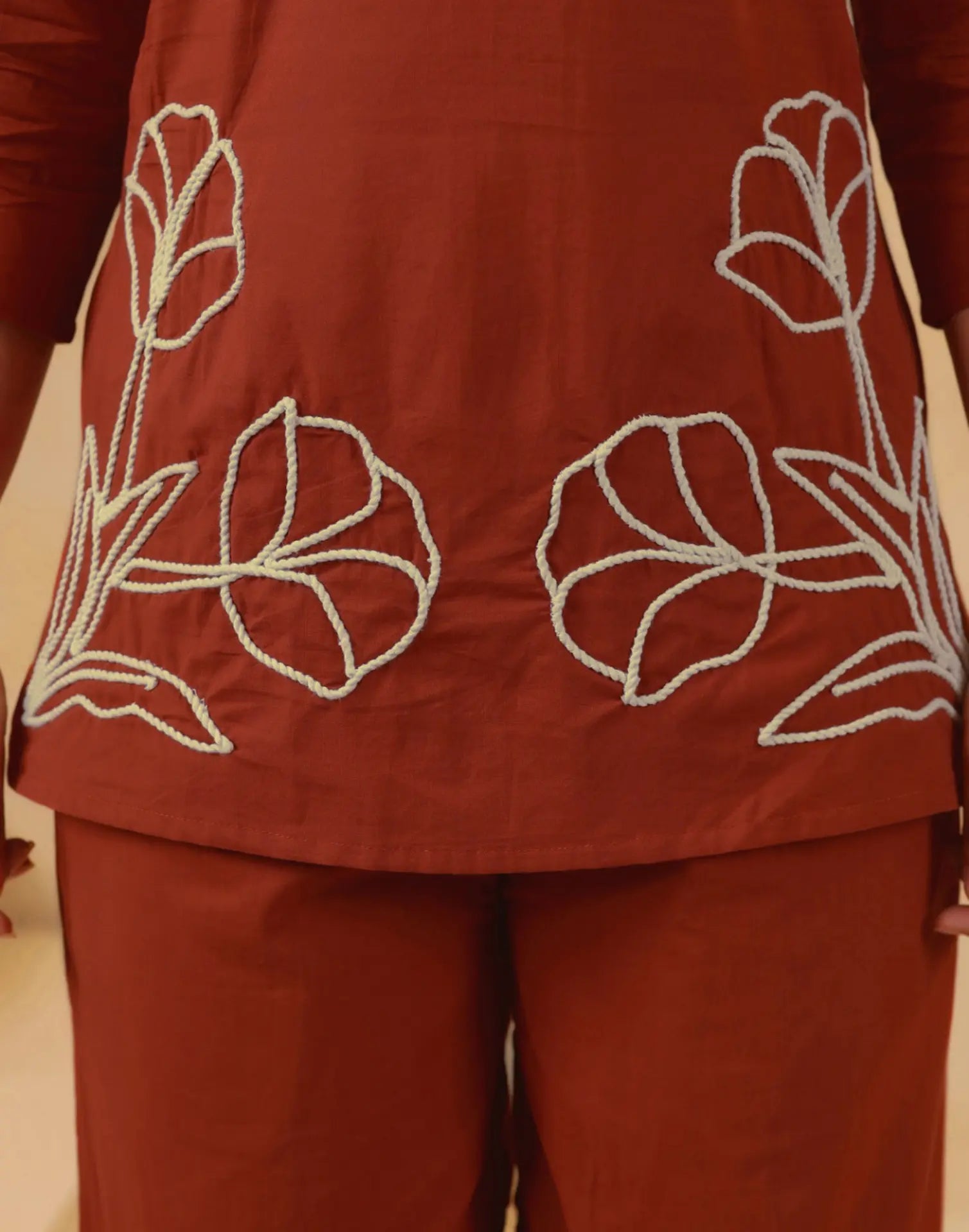 Skylee Cotton Embroidered Lapel Neck Co-ord Set For Woman