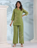 Skylee Cotton Embroidered Collar Neck Co-ord Set For Woman