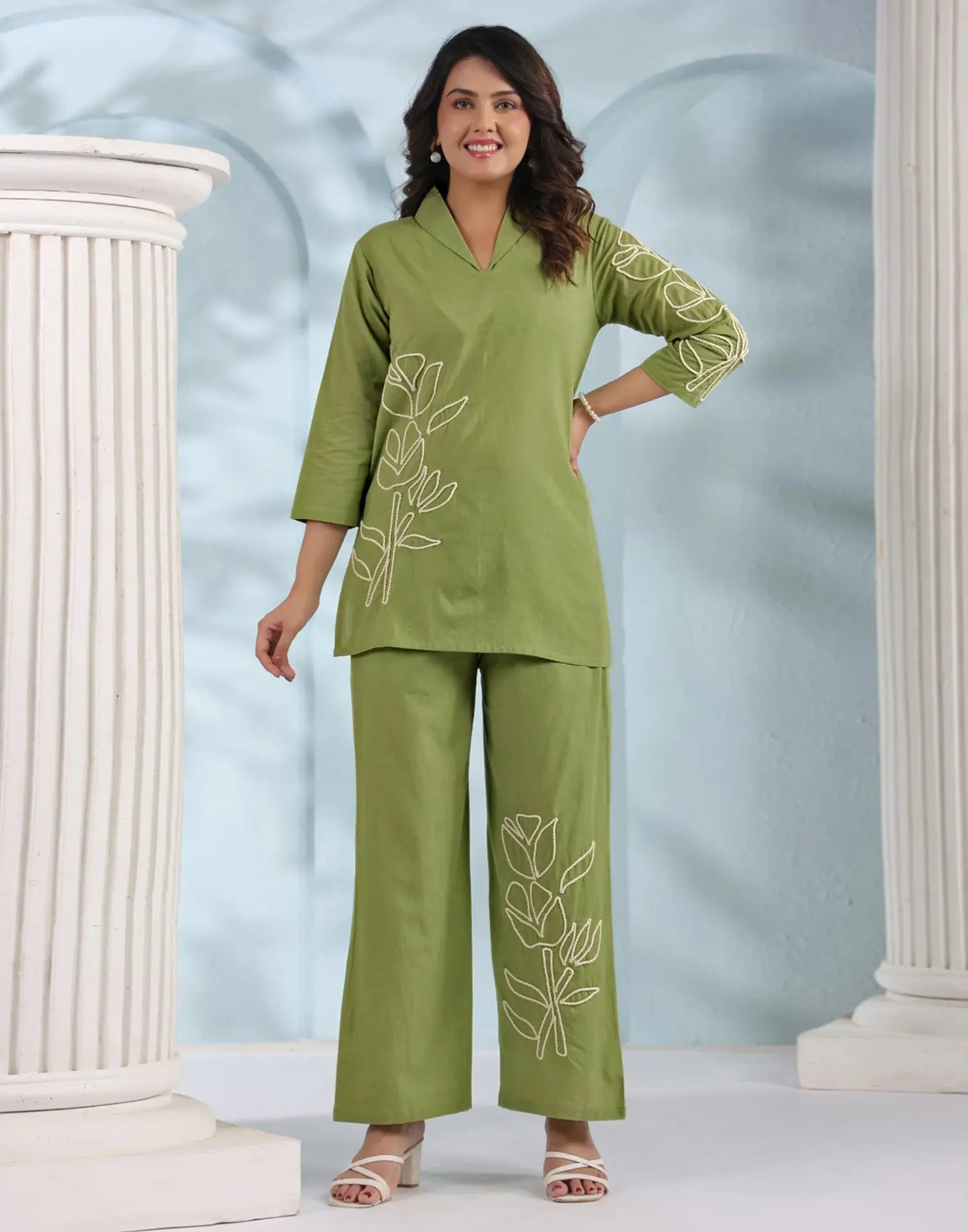 Skylee Cotton Embroidered Collar Neck Co-ord Set For Woman