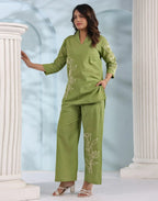 Skylee Cotton Embroidered Collar Neck Co-ord Set For Woman
