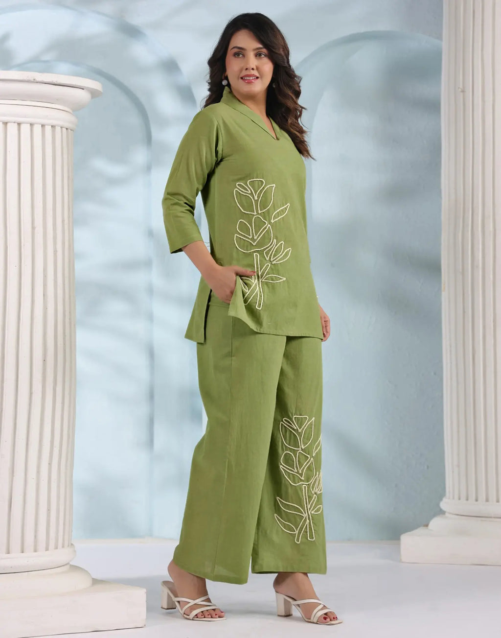 Skylee Cotton Embroidered Collar Neck Co-ord Set For Woman
