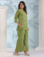 Skylee Cotton Embroidered Collar Neck Co-ord Set For Woman