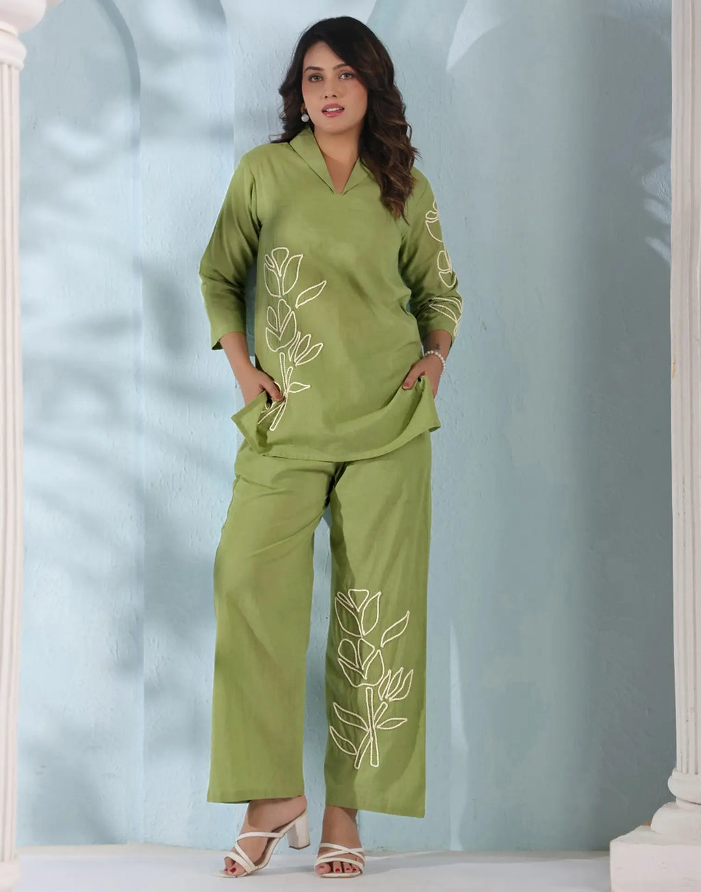 Skylee Cotton Embroidered Collar Neck Co-ord Set For Woman
