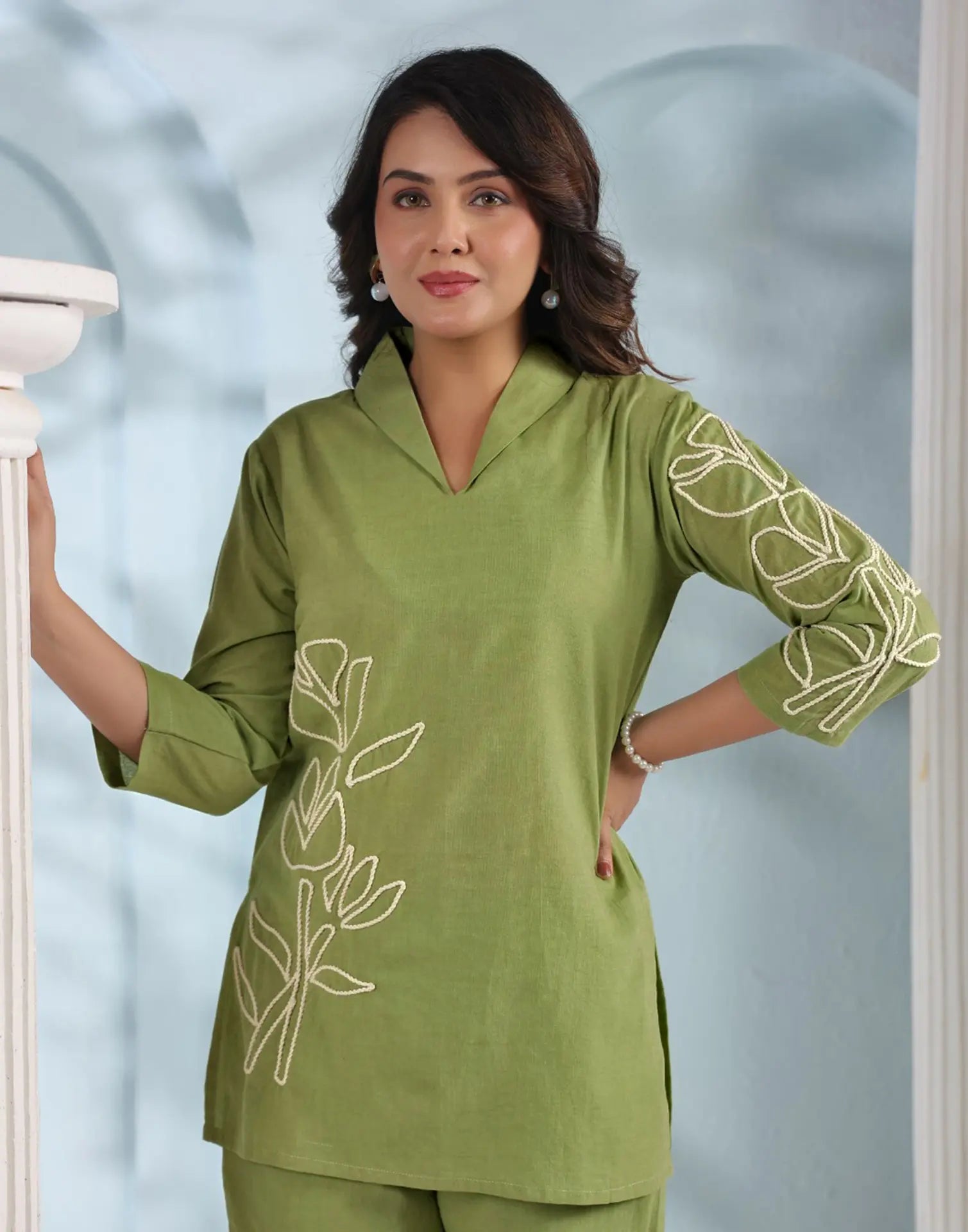 Skylee Cotton Embroidered Collar Neck Co-ord Set For Woman