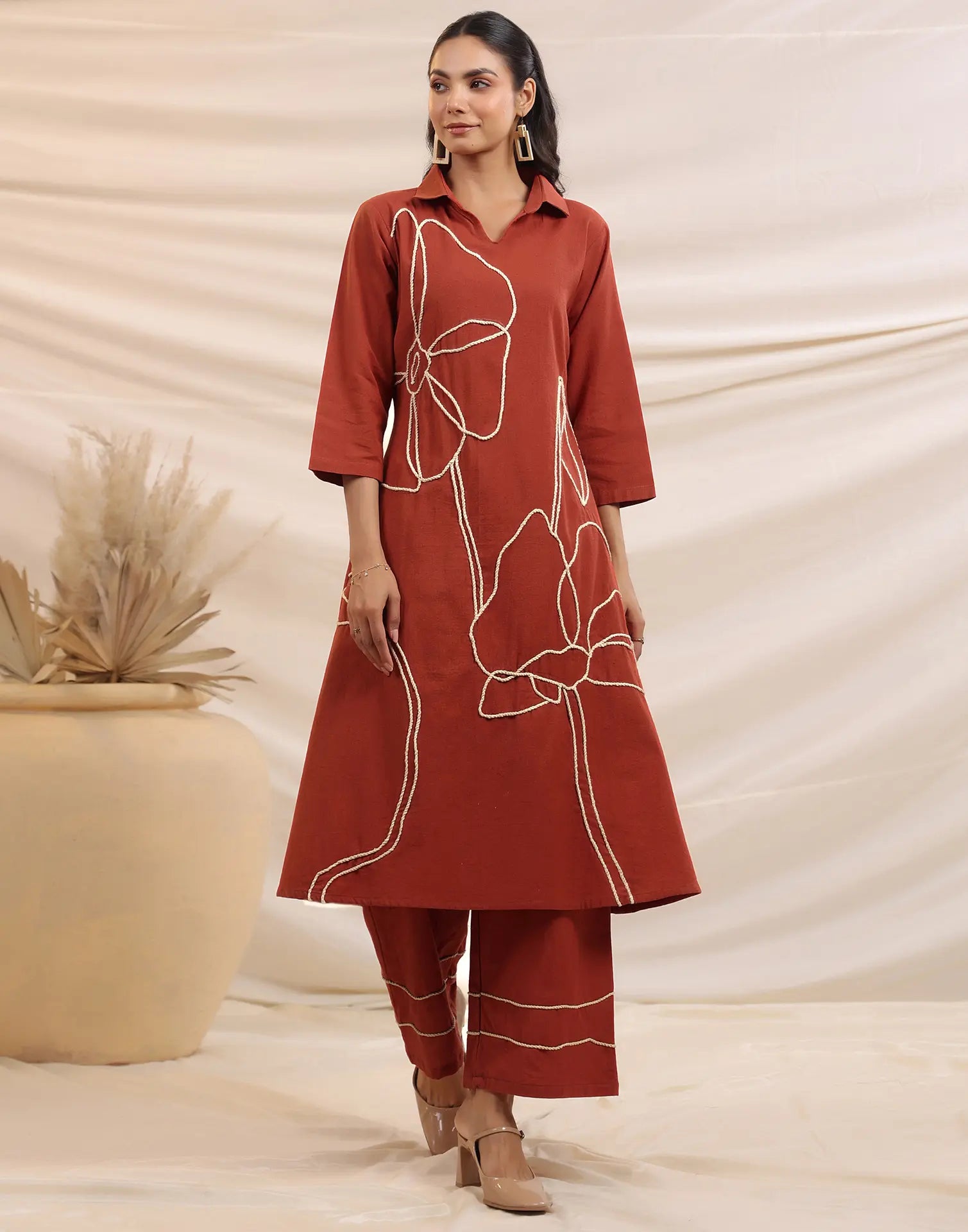 Skylee Cotton Embroidered Spread Neck Co-ord Set For Woman