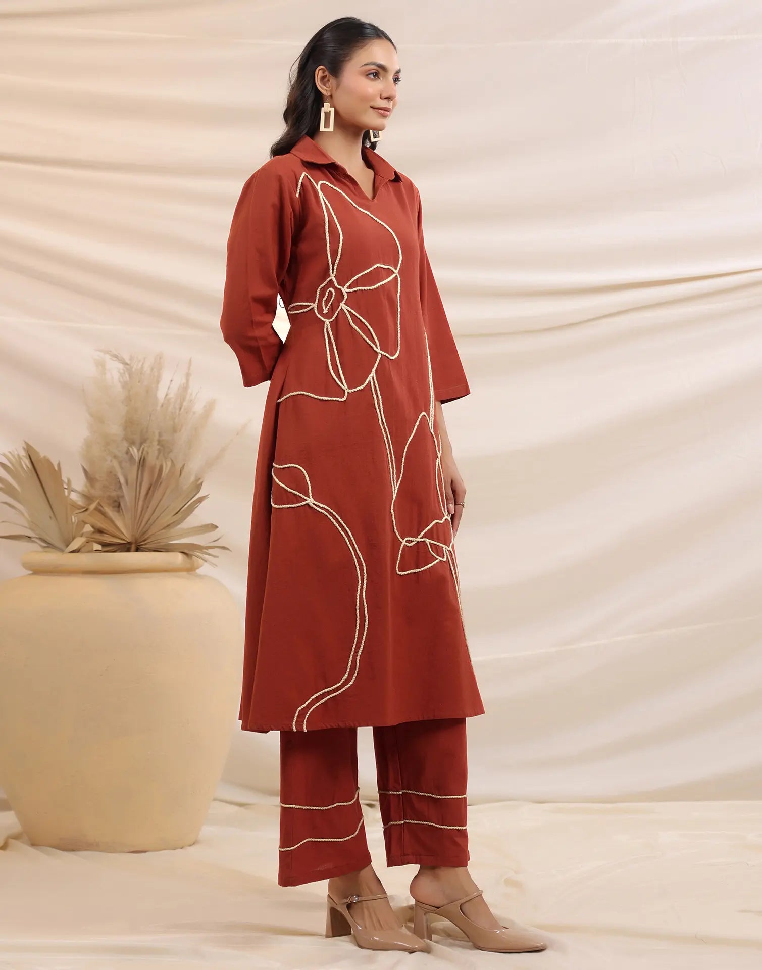 Skylee Cotton Embroidered Spread Neck Co-ord Set For Woman
