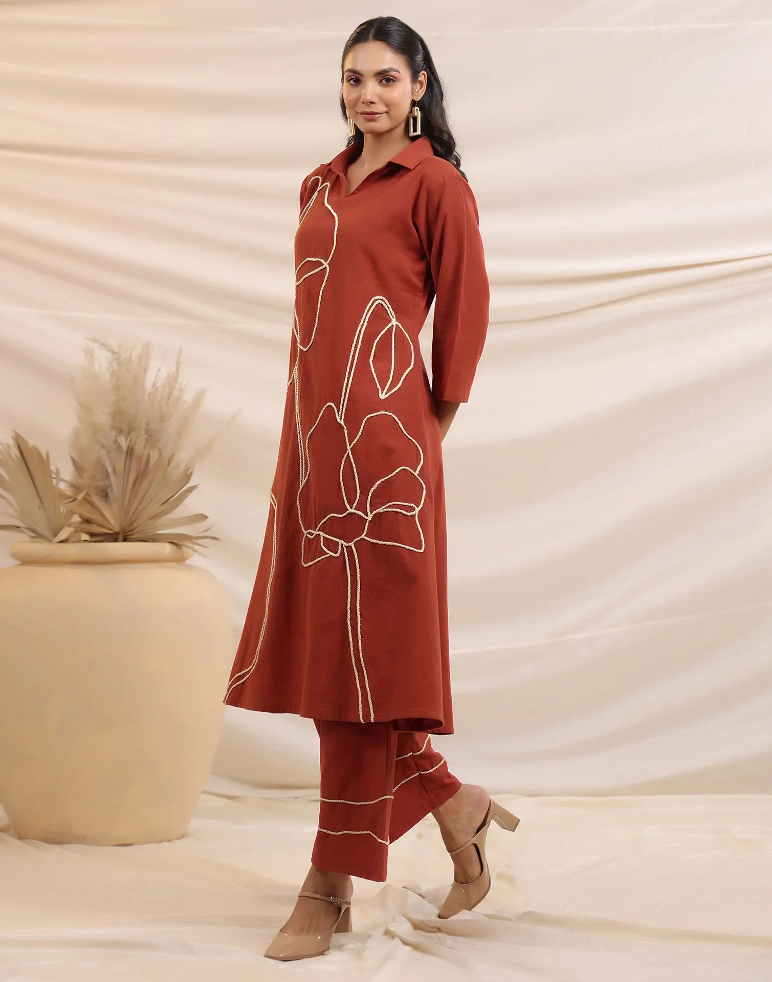 Skylee Cotton Embroidered Spread Neck Co-ord Set For Woman