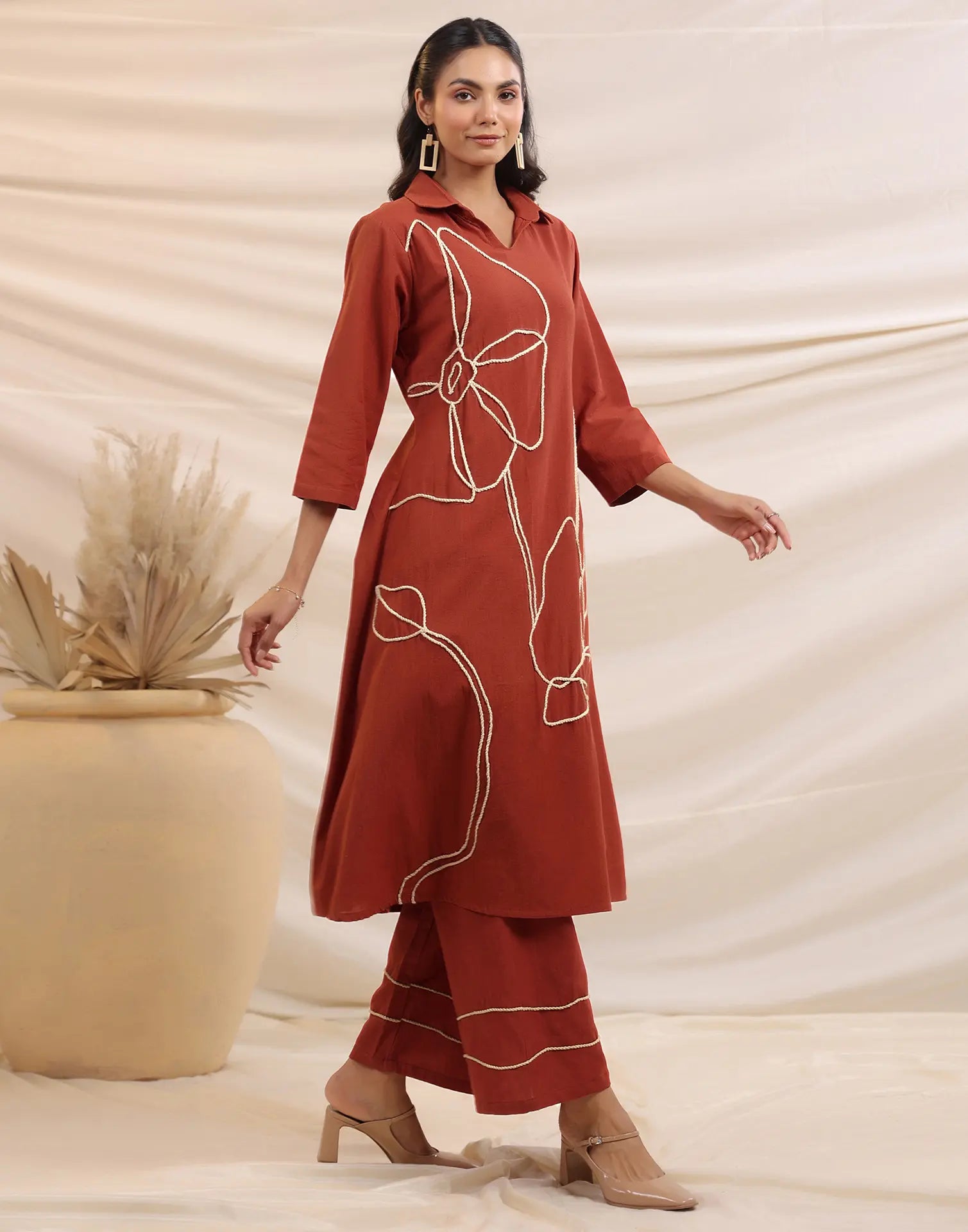 Skylee Cotton Embroidered Spread Neck Co-ord Set For Woman