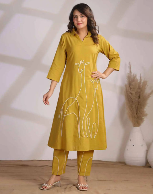 Cotton Embroidered V-Neck Co-ord Set
