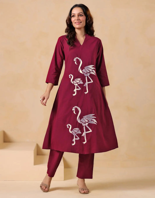 Cotton Embroidered V-Neck Co-ord Set