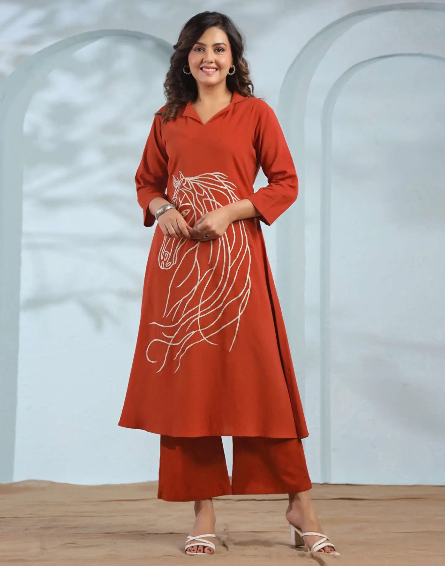 Skylee Cotton Embroidered Lapel Neck Co-ord Set For Woman