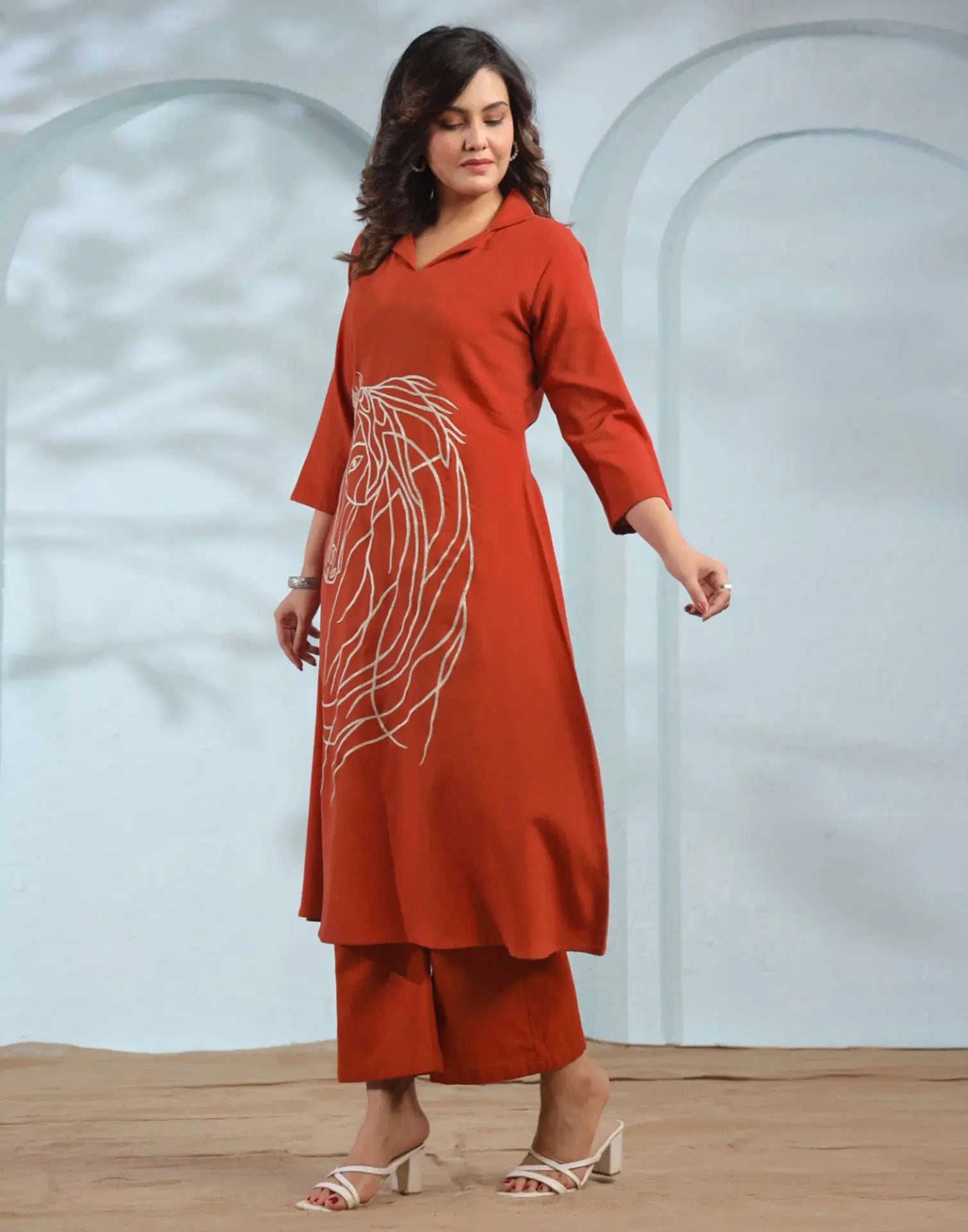 Skylee Cotton Embroidered Lapel Neck Co-ord Set For Woman