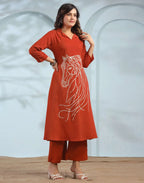 Skylee Cotton Embroidered Lapel Neck Co-ord Set For Woman