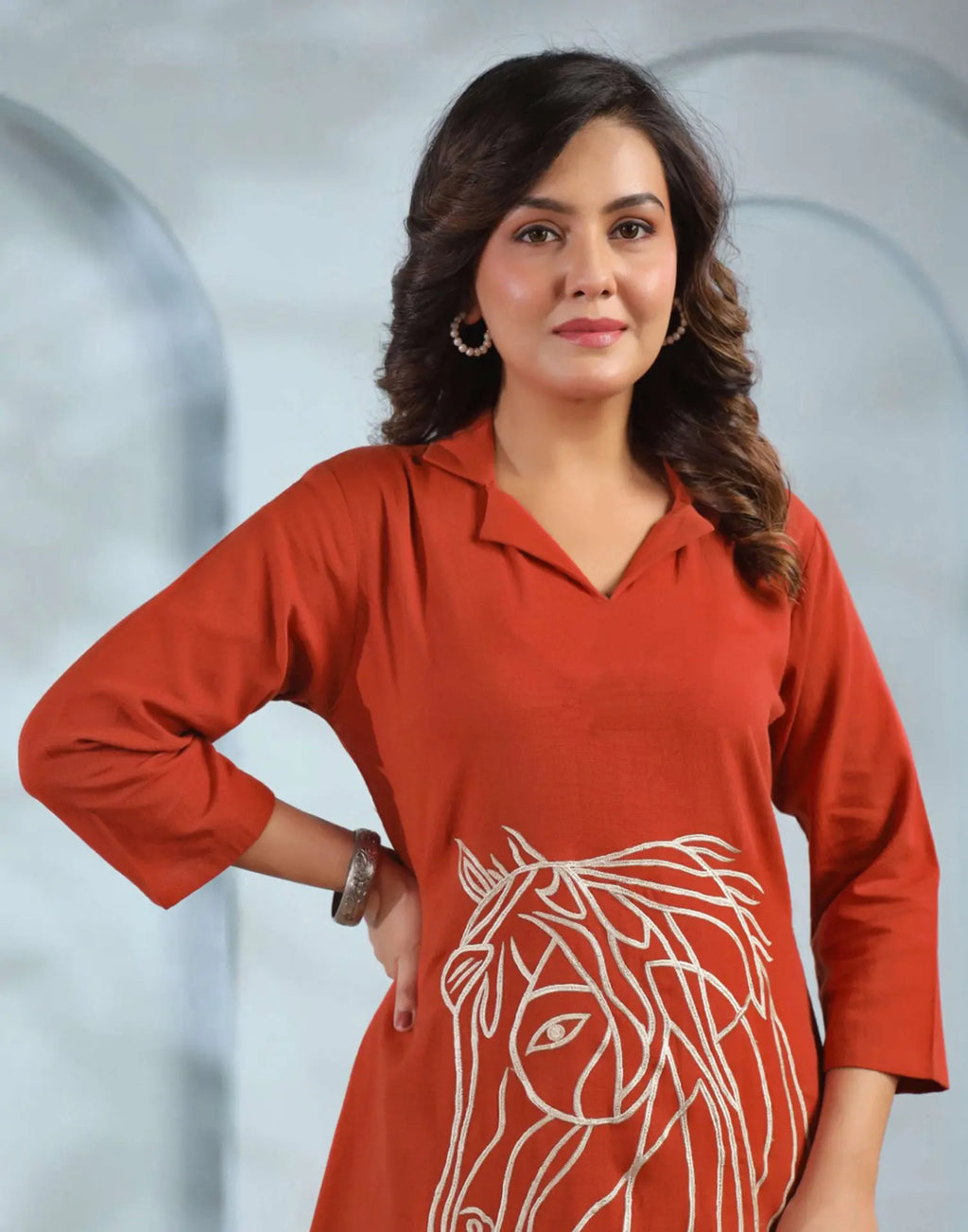 Skylee Cotton Embroidered Lapel Neck Co-ord Set For Woman