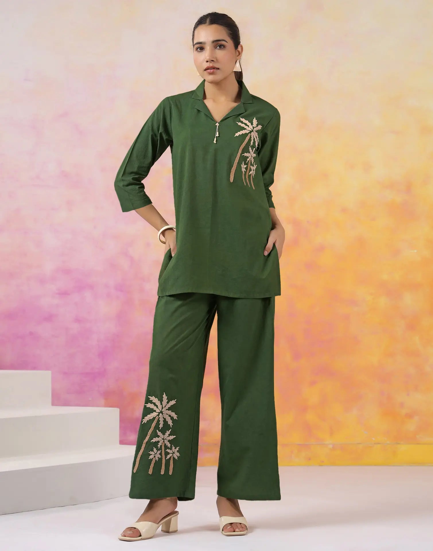 Skylee Cotton Embroidered Lapel Neck Co-ord Set For Woman