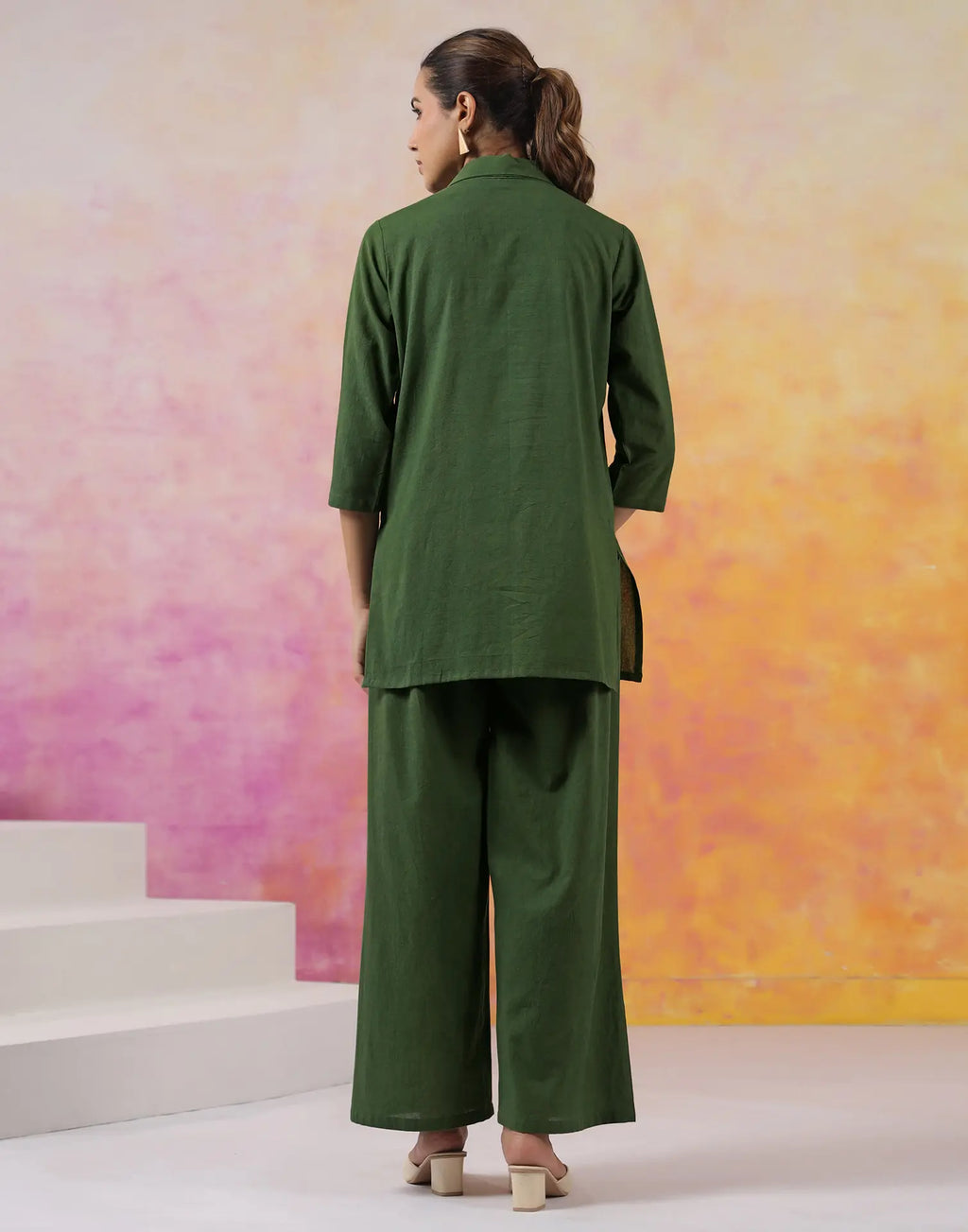 Skylee Cotton Embroidered Lapel Neck Co-ord Set For Woman