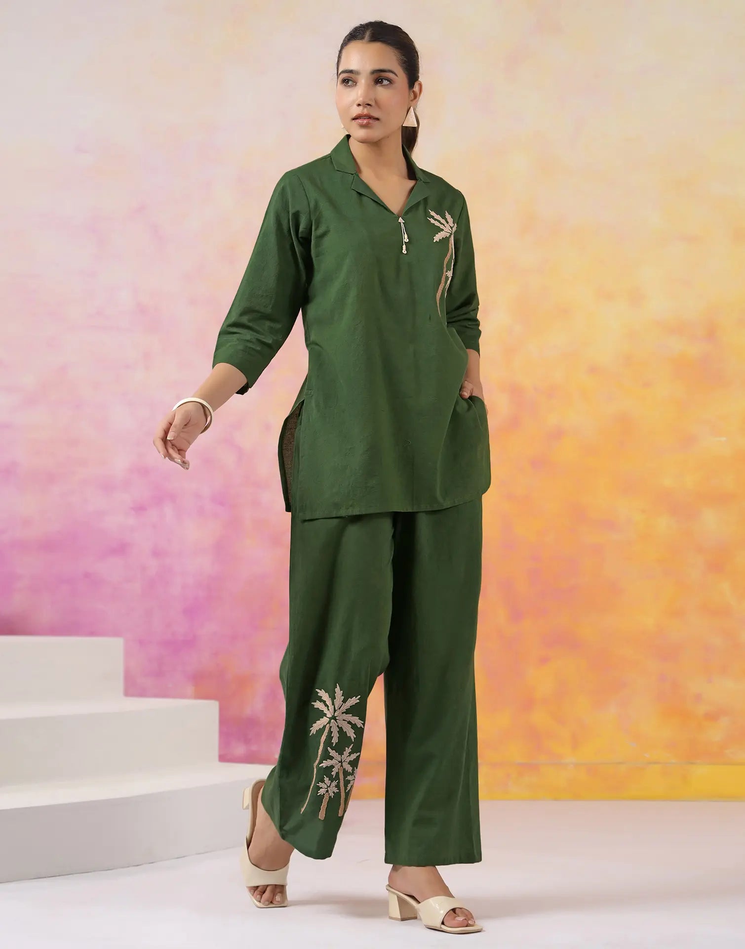 Skylee Cotton Embroidered Lapel Neck Co-ord Set For Woman