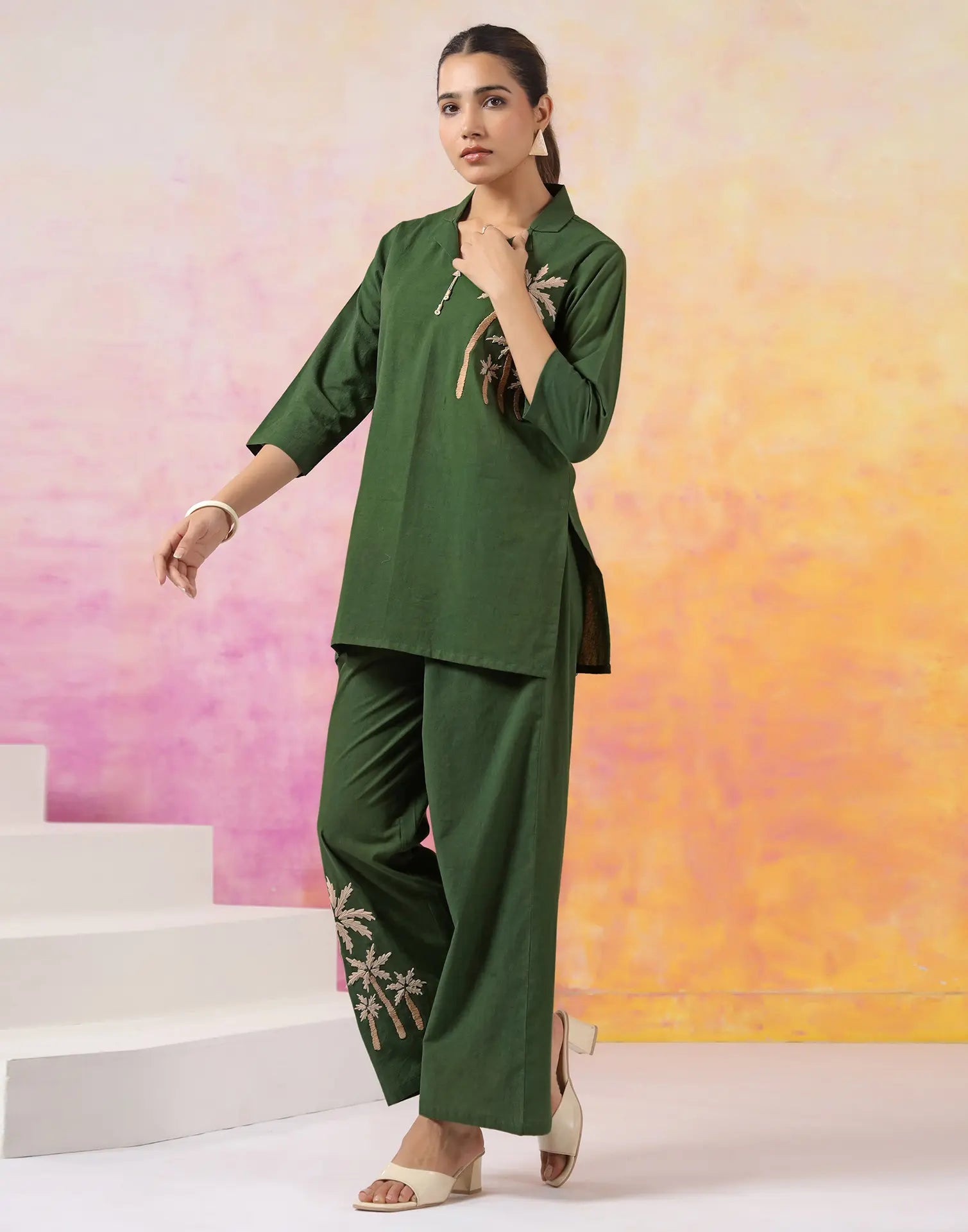 Skylee Cotton Embroidered Lapel Neck Co-ord Set For Woman